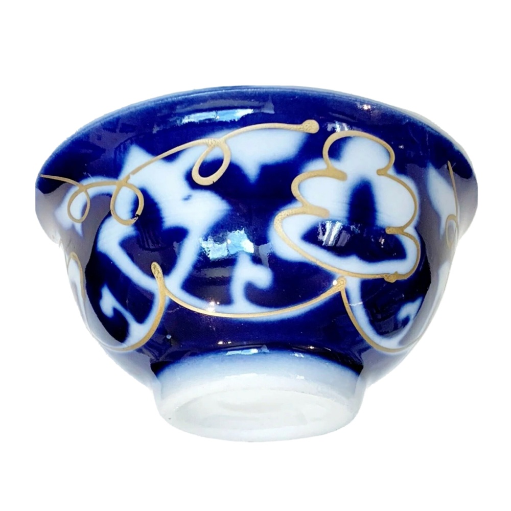 Ceramic Soup Bowl Royal Blue White Floral Gold Asian Side Dish Cereal Decor Food
